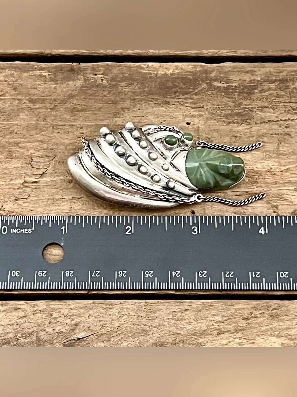 Vintage Mexican Sterling Silver Green Onyx Carved Mask Face Brooch Pin Repousse
